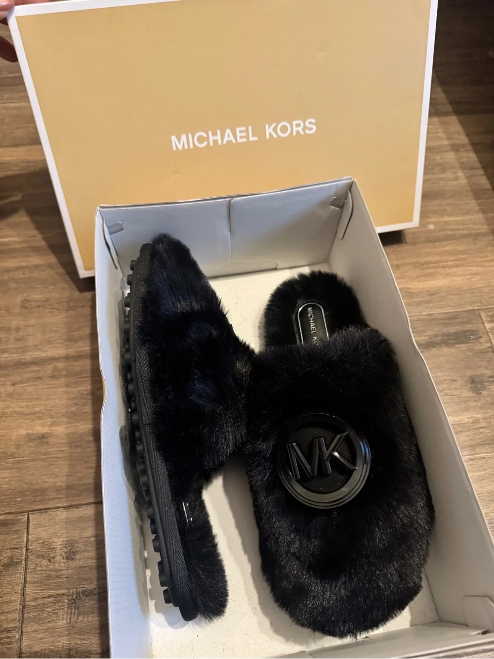 Michael Kors Black Faux-Fur Slip-On Slippers Ada Charm